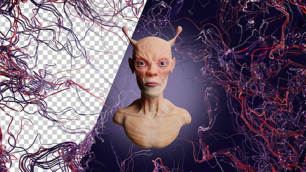 PSD retrato de um alienígena em um fundo abstrato renderização 3d alienígena humanóide