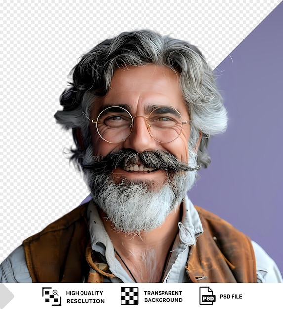 PSD retrato de um bonito homem de cabelo cinzento, barbudo e bigode com um sorriso radiante, usando óculos redondos e uma camisa azul e cinza com barba e cabelo cinzentos e um png