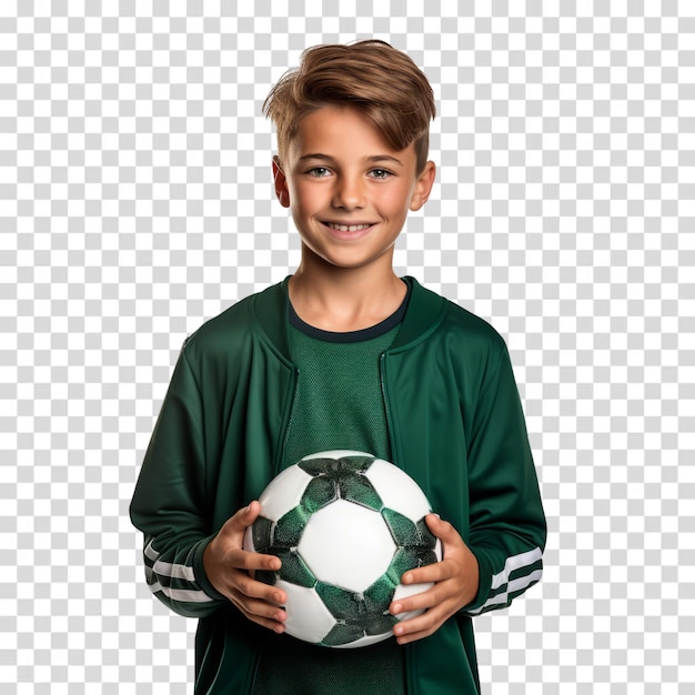 PSD retrato de um bonito menino em um uniforme verde da equipe de futebol segurando uma bola de futebal nas mãos