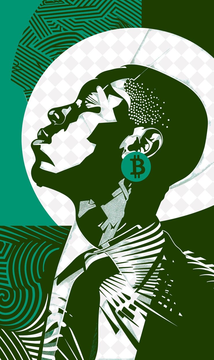 PSD retrato de um candidato presidencial ambicioso com ilustração do preço do bitcoin design de campanha eleitoral