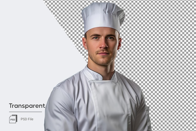 PSD retrato de um chef masculino confiante com chapéu de chef e jaqueta preta