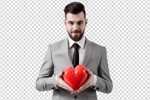 retrato de um empresário com coração vermelho 3D em fundo branco isolado