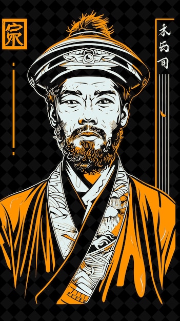 PSD retrato de um homem ainu vestindo uma túnica tradicional e um chapéu com design de cores vívidas coleções png