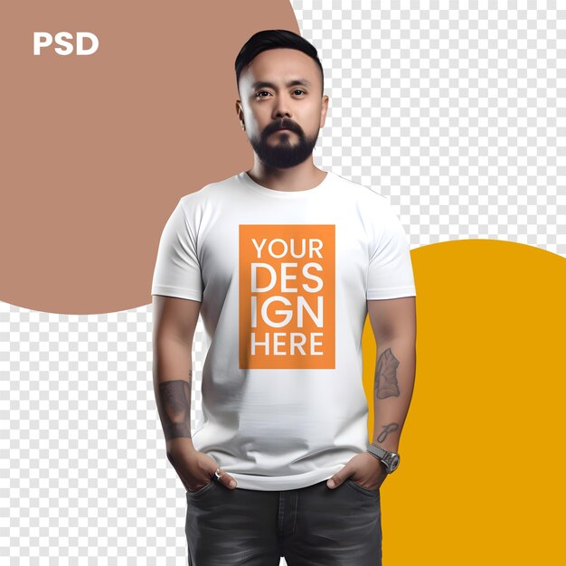 PSD retrato de um homem barbudo em uma camiseta com o slogan psd mockup