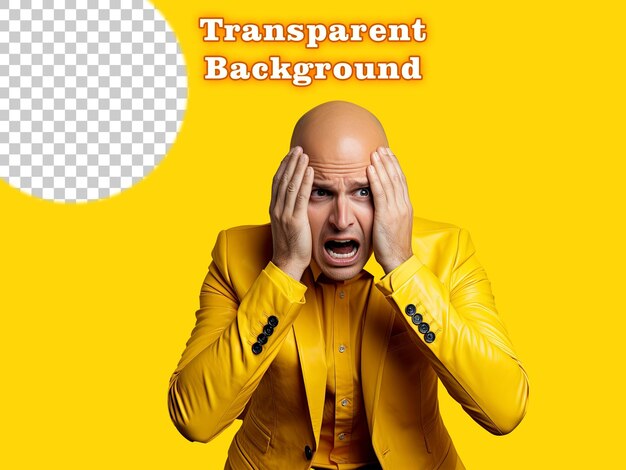 PSD retrato de um homem careca chocado com a mão na cabeça vestindo um terno amarelo em fundo transparente