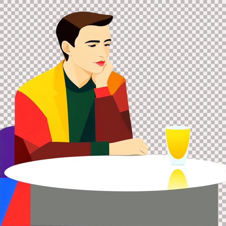PSD retrato de um homem contemplativo sentado em uma mesa com dois copos de líquido vermelho e amarelo
