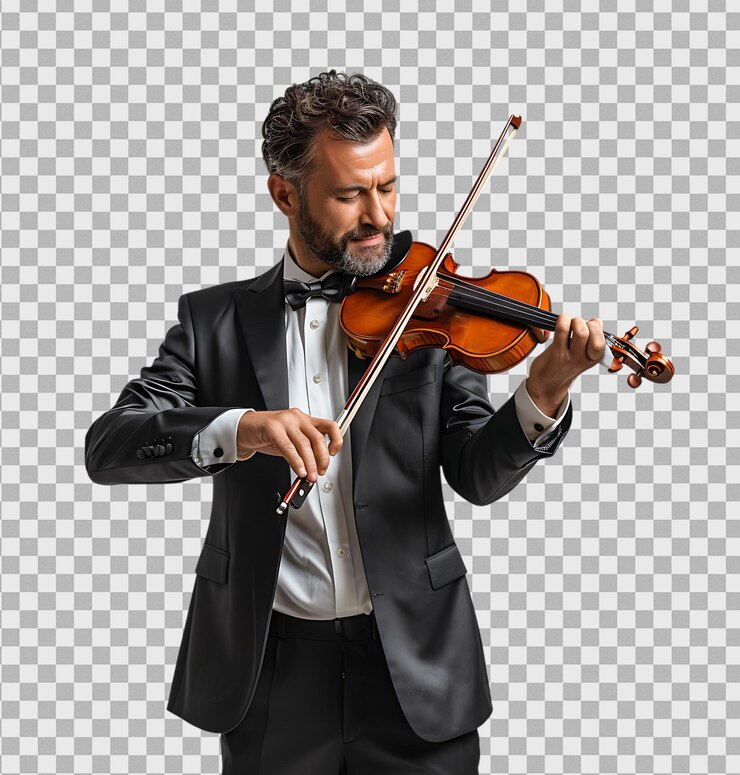 PSD retrato de um homem elegante tocando violino isolado em fundo transparente