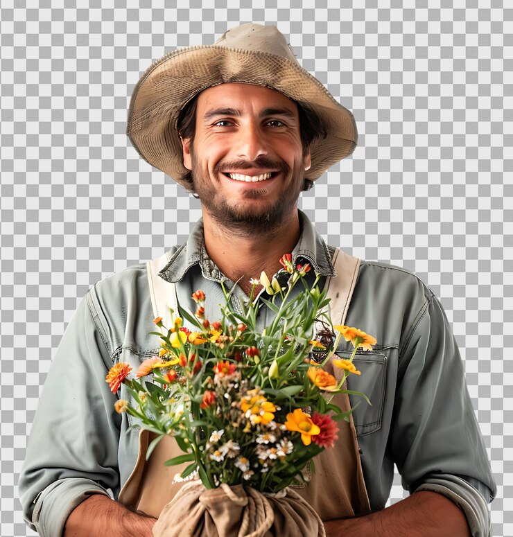 Retrato de um jardineiro alegre segurando flores em um fundo transparente isolado