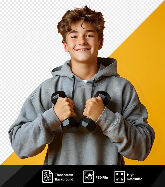 PSD retrato de um jovem adolescente se exercitando com halteres isolados em fundo amarelo png