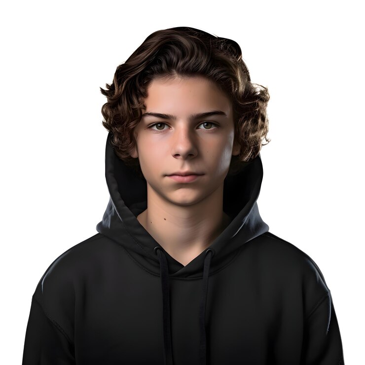 PSD retrato de um jovem com capuz preto isolado em fundo branco