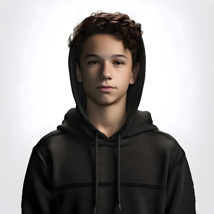 PSD retrato de um jovem com um capuz preto em um fundo branco