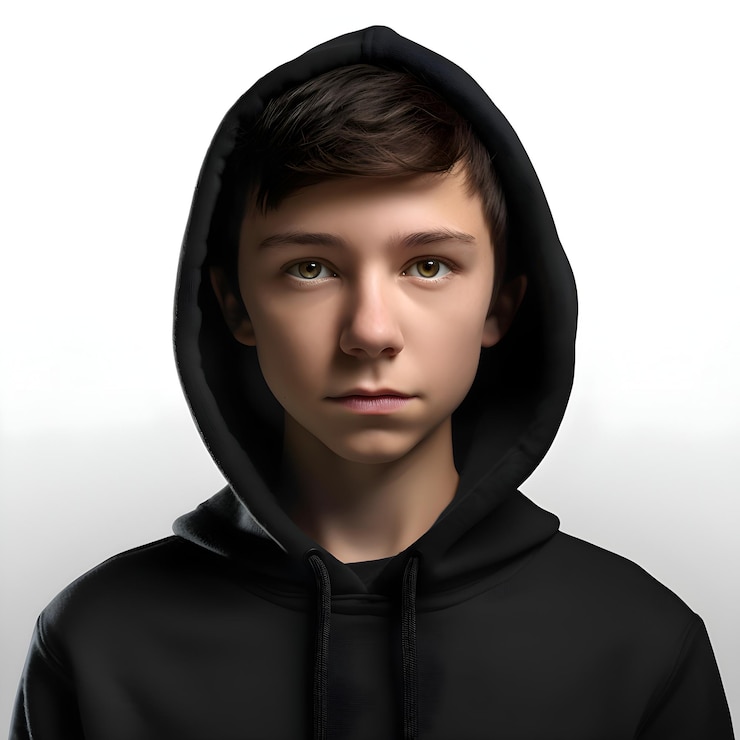 PSD retrato de um jovem com um capuz preto isolado em fundo branco