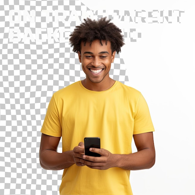 PSD retrato de um jovem feliz segurando um telefone móvel e sorrindo sobre um fundo transparente africano am