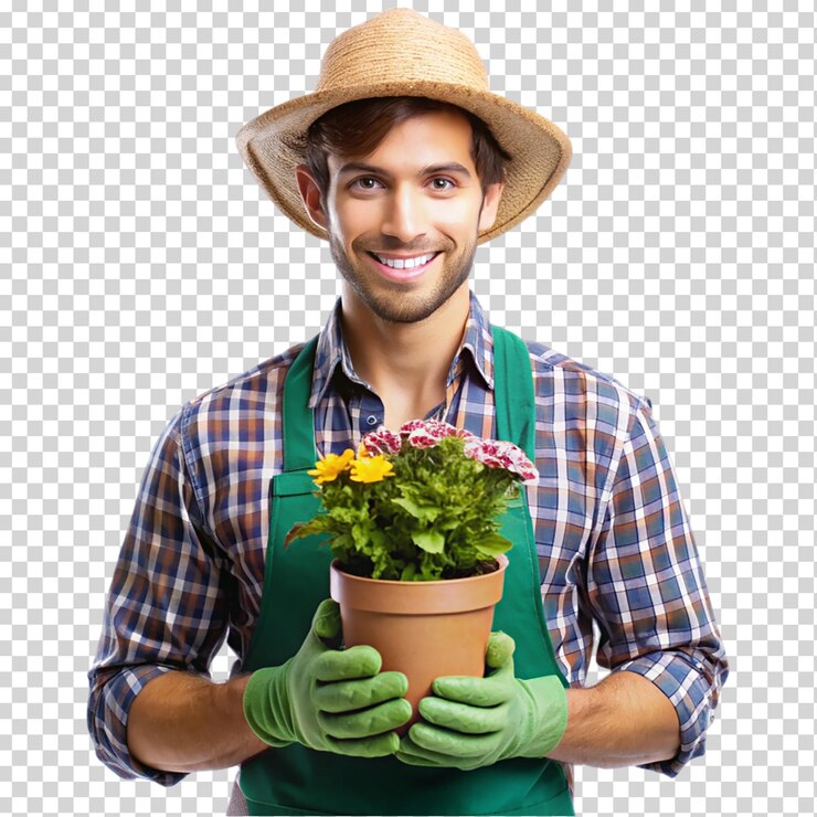 PSD retrato de um jovem jardineiro feliz em fundo transparente