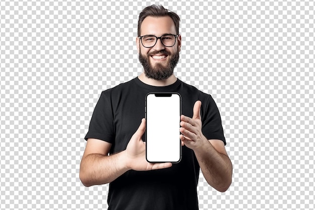 Retrato de um jovem sorrindo e mostrando um smartphone em fundo isolado branco