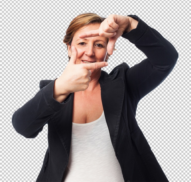 PSD retrato, de, um, maduras, mulher negócio, fazendo, um, quadro, gesto