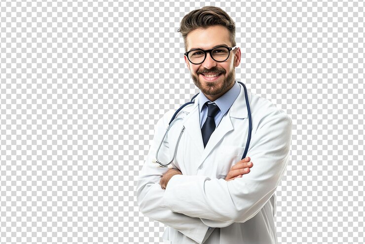 retrato de um médico em bata de laboratório com estetoscópio em fundo isolado branco
