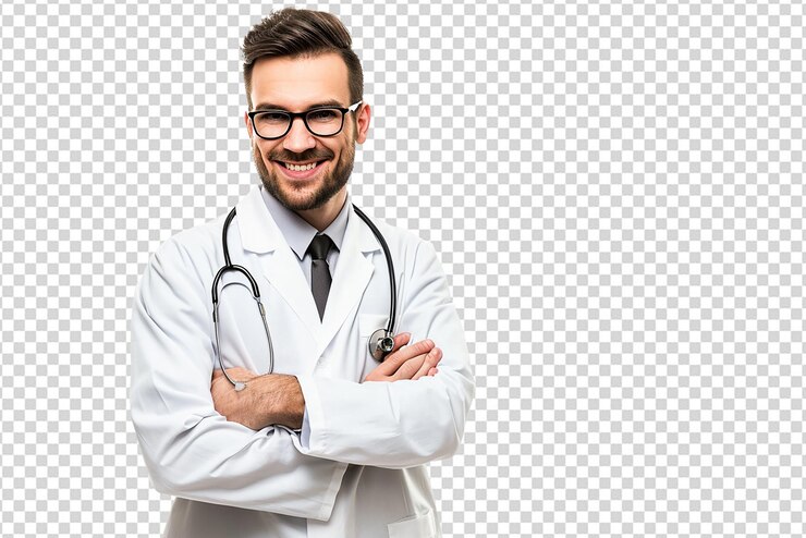 retrato de um médico em bata de laboratório com estetoscópio em fundo isolado branco