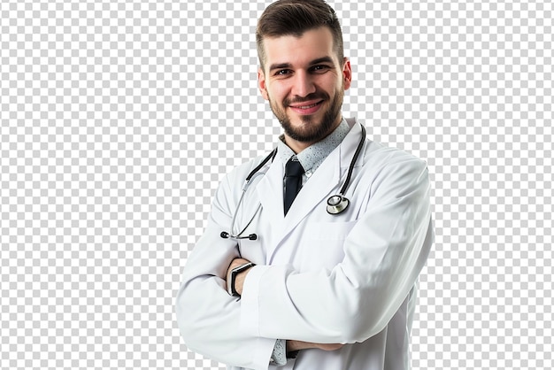 PSD retrato de um médico em bata de laboratório com estetoscópio em fundo isolado branco