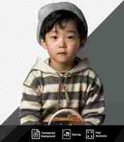PSD retrato de um menino asiático bonito com uma camisa listrada e um skate png psd