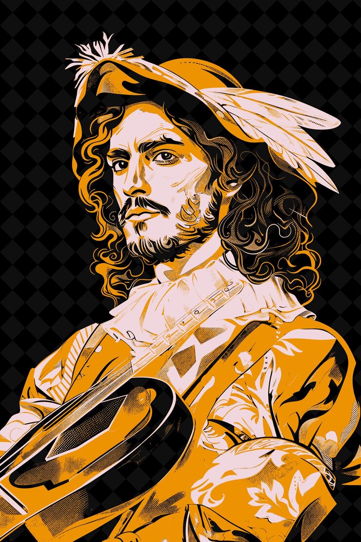 PSD retrato de um trovador com uma túnica colorida e um laudo com um design de cores vívidas png collections