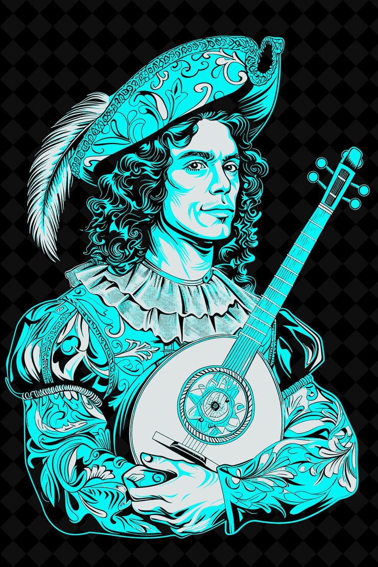PSD retrato de um trovador com uma túnica colorida e um laudo com um design de cores vívidas png collections