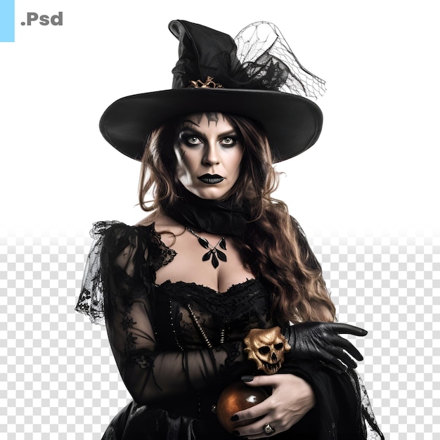 PSD retrato de uma bela bruxa com uma abóbora de halloween isolado em um padrão psd de fundo branco