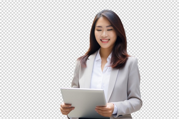 Retrato de uma bela empresária asiática com uma aba isolada em um fundo transparente
