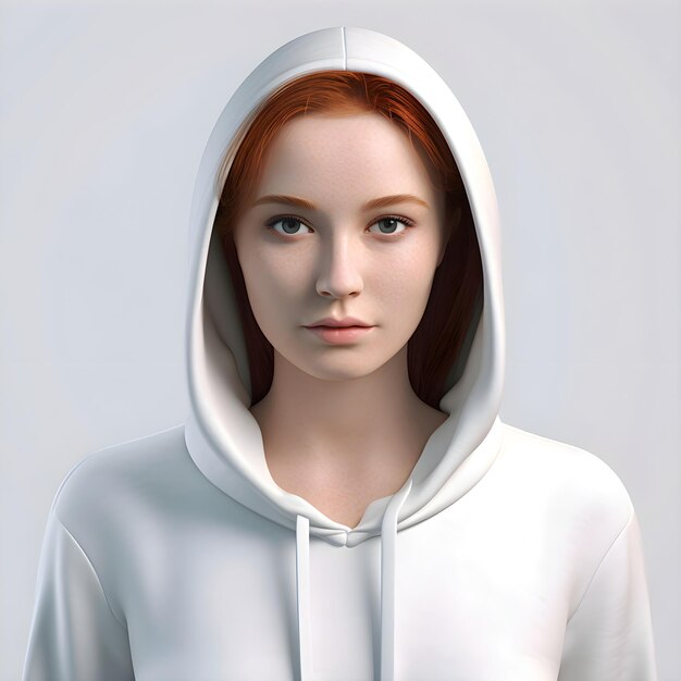 Retrato de uma bela garota ruiva em uma camisola branca com capuz 3d renderização