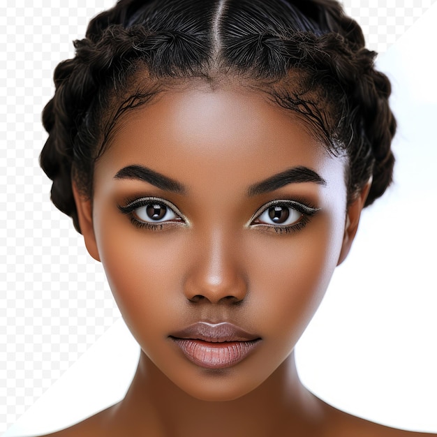 Retrato de uma bela jovem afro-americana com maquiagem branca, olhando para a câmera isolada no branco