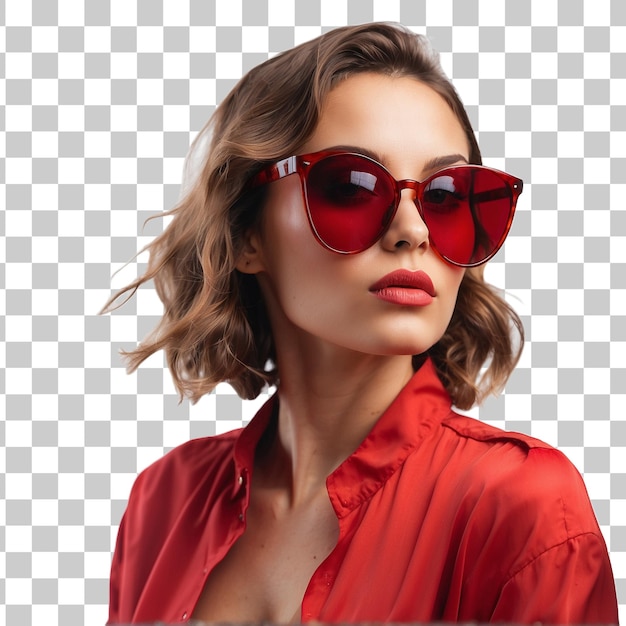 Retrato de uma bela jovem de vestido vermelho e óculos de sol isolados em fundo transparente