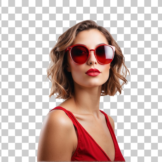 PSD retrato de uma bela jovem de vestido vermelho e óculos de sol isolados em fundo transparente