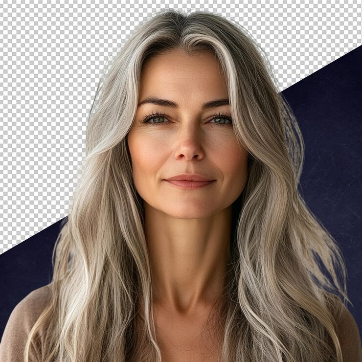 PSD retrato de uma bela mulher com cabelos longos e grisalhos