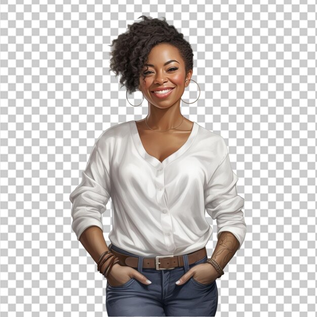 PSD retrato de uma bela mulher negra feliz de pé com os braços cruzados isolada em fundo transparente