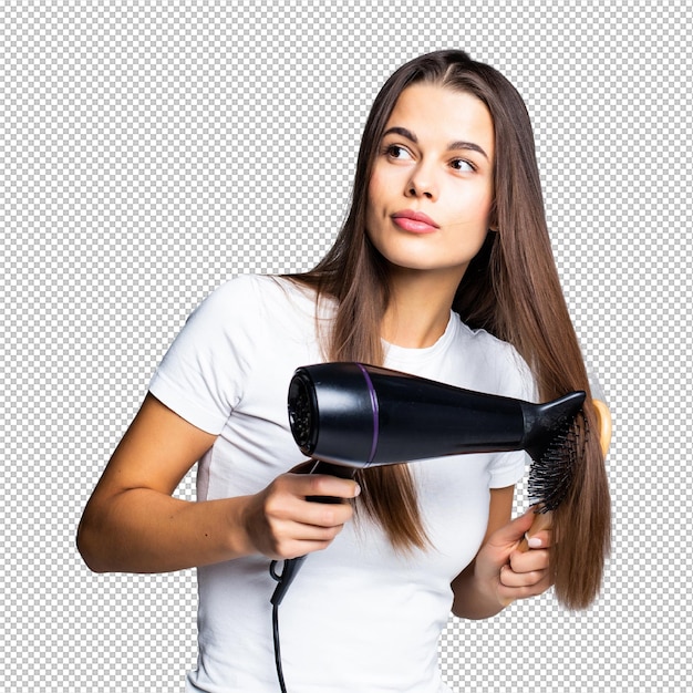 Retrato de uma bela mulher segurando um secador de cabelo isolado com fundo branco