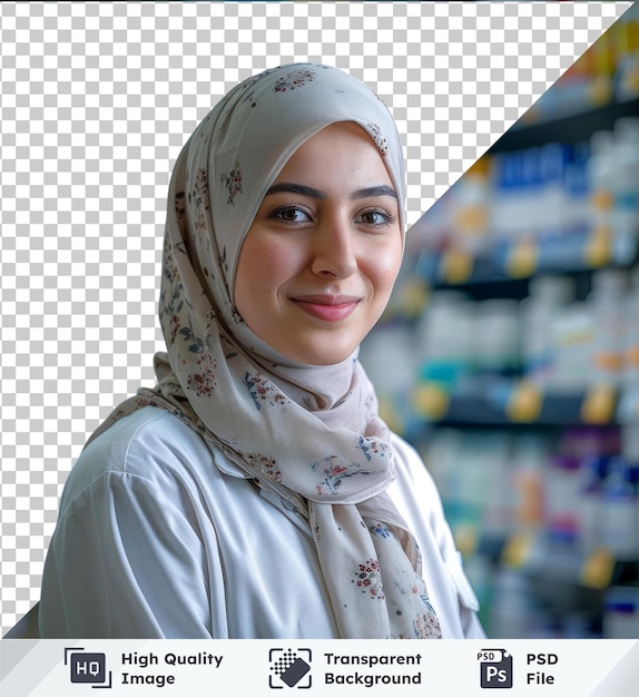 PSD retrato de uma farmacêutica vestindo um lenço branco com um nariz proeminente e um olho castanho