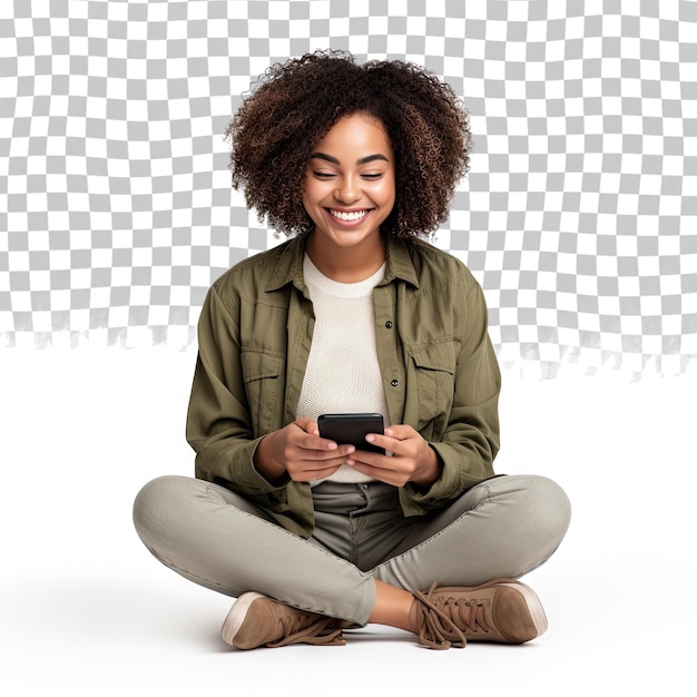 PSD retrato de uma jovem afro-americana feliz usando um telefone celular enquanto estava sentada no chão com as pernas cruzadas