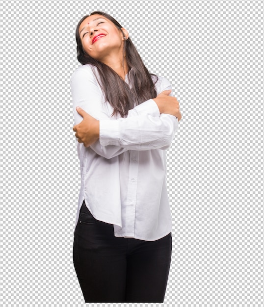 Retrato de uma jovem indiana orgulhosa e confiante, apontando os dedos, exemplo a seguir, conceito de satisfação, arrogância e saúde