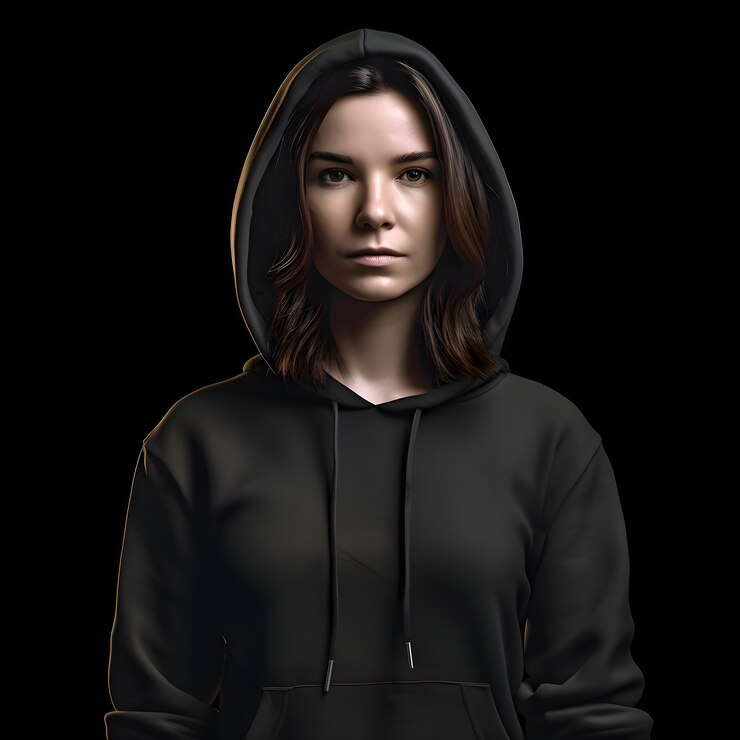 PSD retrato de uma jovem mulher com um capuz preto 3d renderização