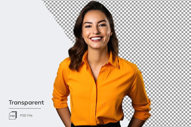 Retrato de uma jovem sorridente com fundo transparente de camisa amarela laranja