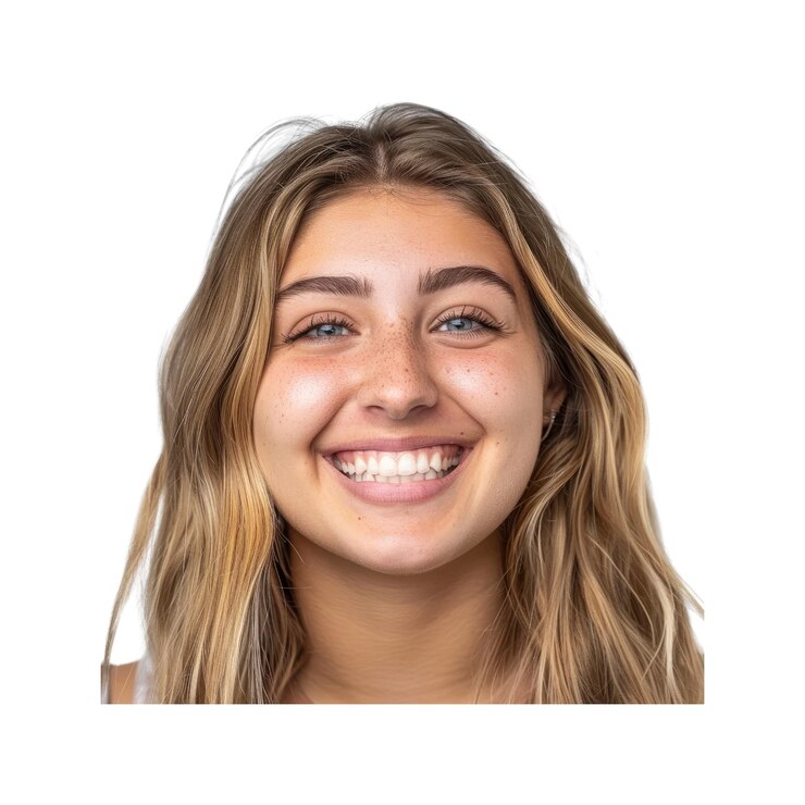PSD retrato de uma jovem sorridente de cabelo loiro