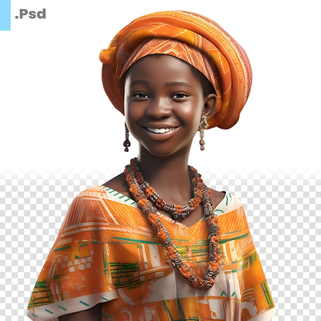 PSD retrato de uma linda mulher africana em roupas tradicionais em um modelo psd de fundo branco