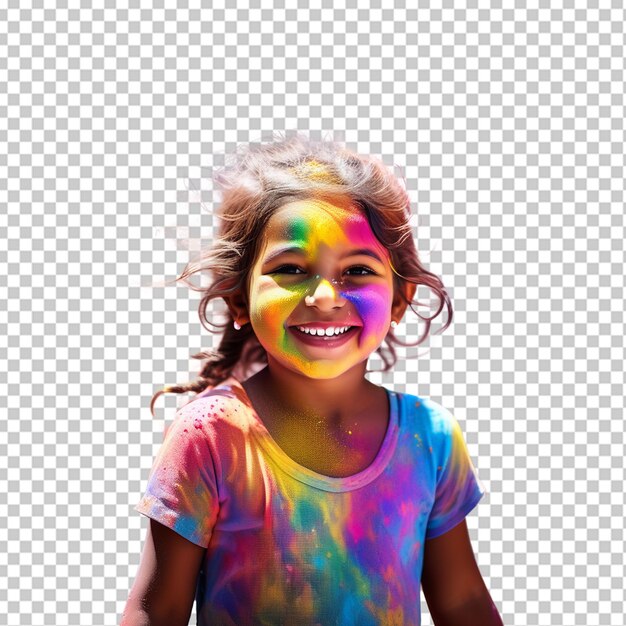 PSD retrato de uma menina bonita sendo banhada por pó colorido durante o holi