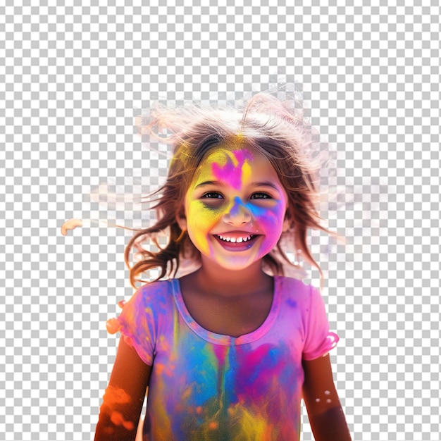 PSD retrato de uma menina bonita sendo banhada por pó colorido durante o holi
