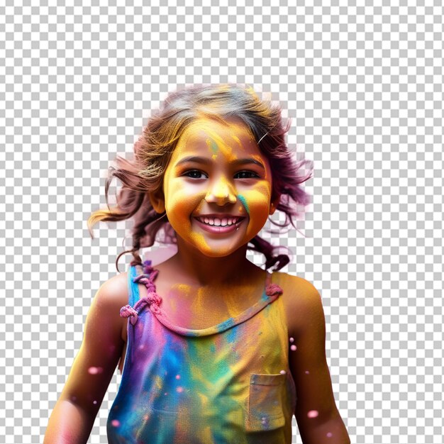 PSD retrato de uma menina bonita sendo banhada por pó colorido durante o holi