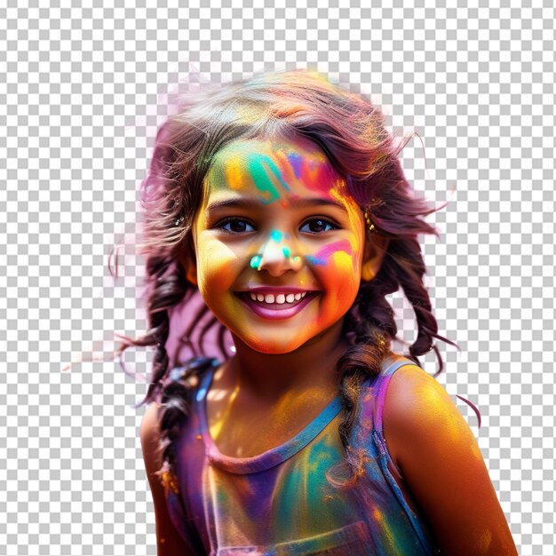 PSD retrato de uma menina bonita sendo banhada por pó colorido durante o holi