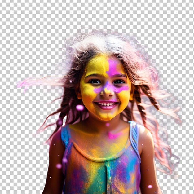 Retrato de uma menina bonita sendo banhada por pó colorido durante o holi