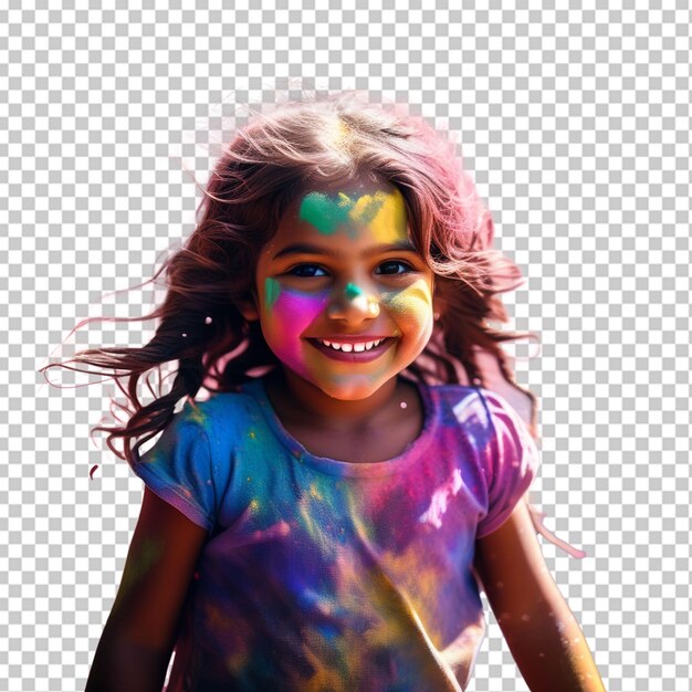 PSD retrato de uma menina bonita sendo banhada por pó colorido durante o holi