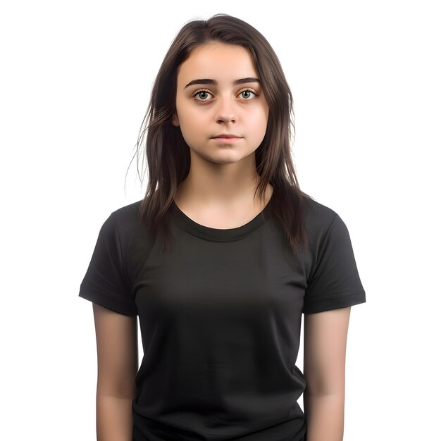 PSD retrato de uma menina em uma camiseta preta em um fundo branco