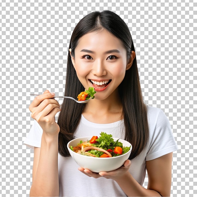 PSD retrato de uma mulher asiática saudável a comer comida vegana